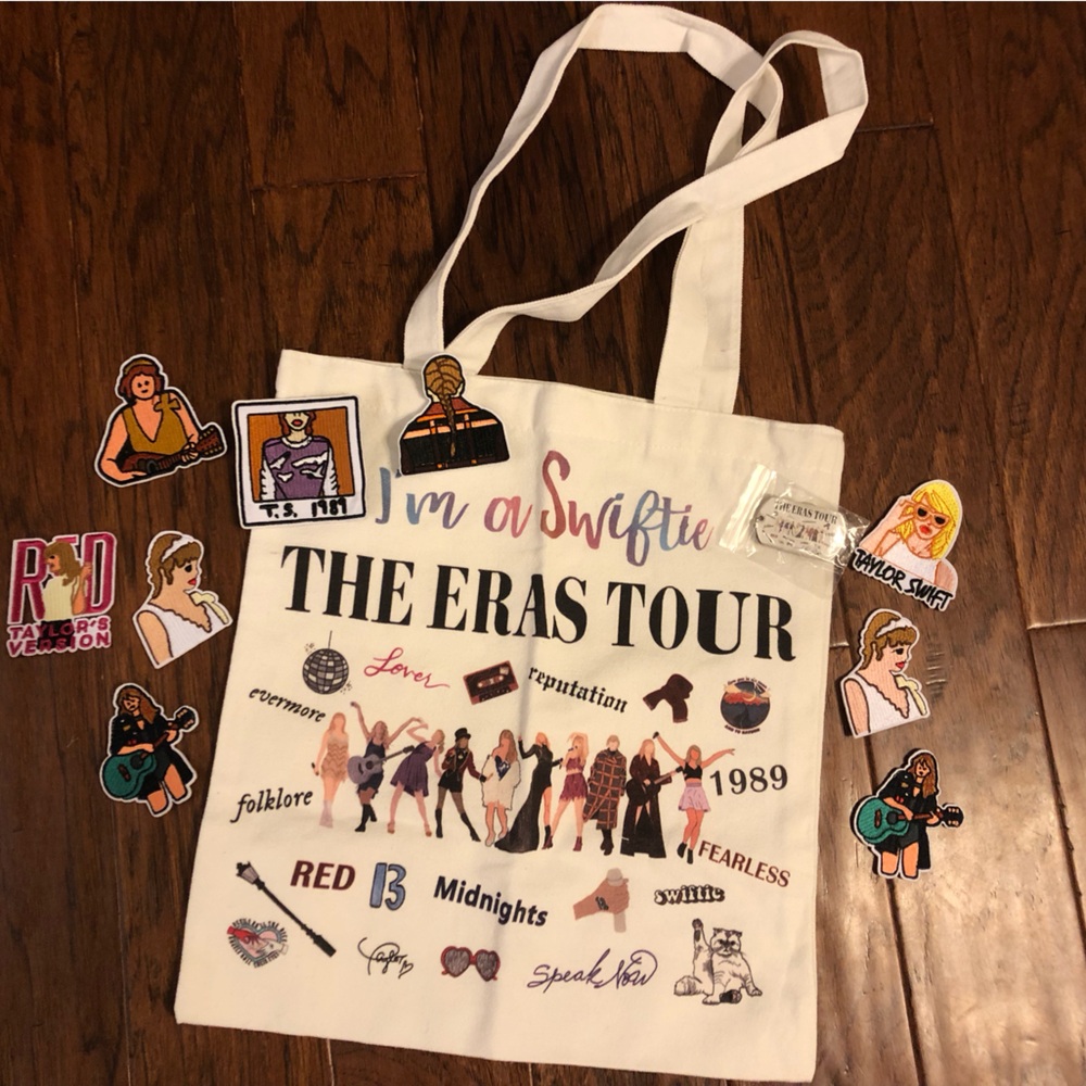 Taylor Swift Bundle: Eras Tour Tote Bag with Matching Keychain & Iron-On Patches